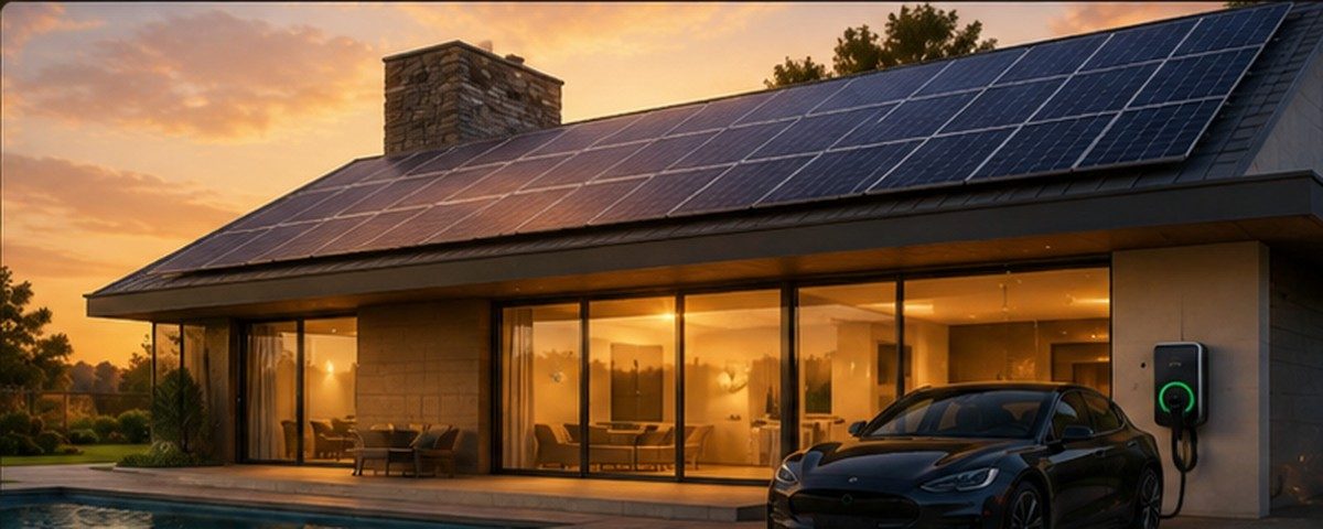 Casa con paneles solares y cargador para vehículo eléctrico